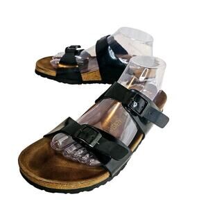 Birkenstock Papillio‎ Black Patent Buckles Slippers Sz40. W9.M7. Comfy. Beach.